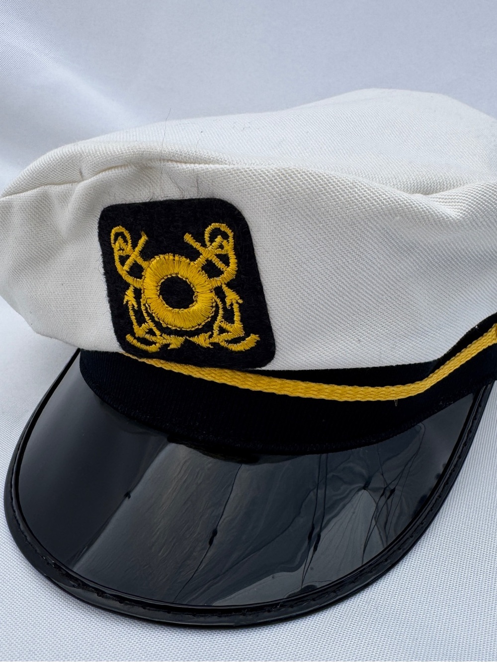 Vintage White and Black Captain's Hat with Gold Embroidered Badge Navy